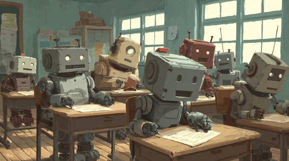 crimedy7 illustration of a group of robots taking a test in a 22458d3b 4290 48ef a0a0 3ee4710809f3 1